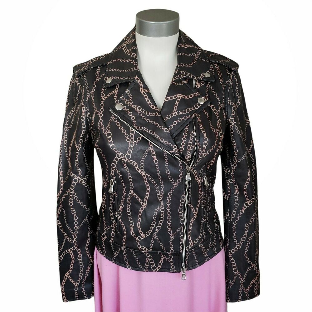 L'AGENCE black leather classic biker chain print moto jacket Size S NEW Sample